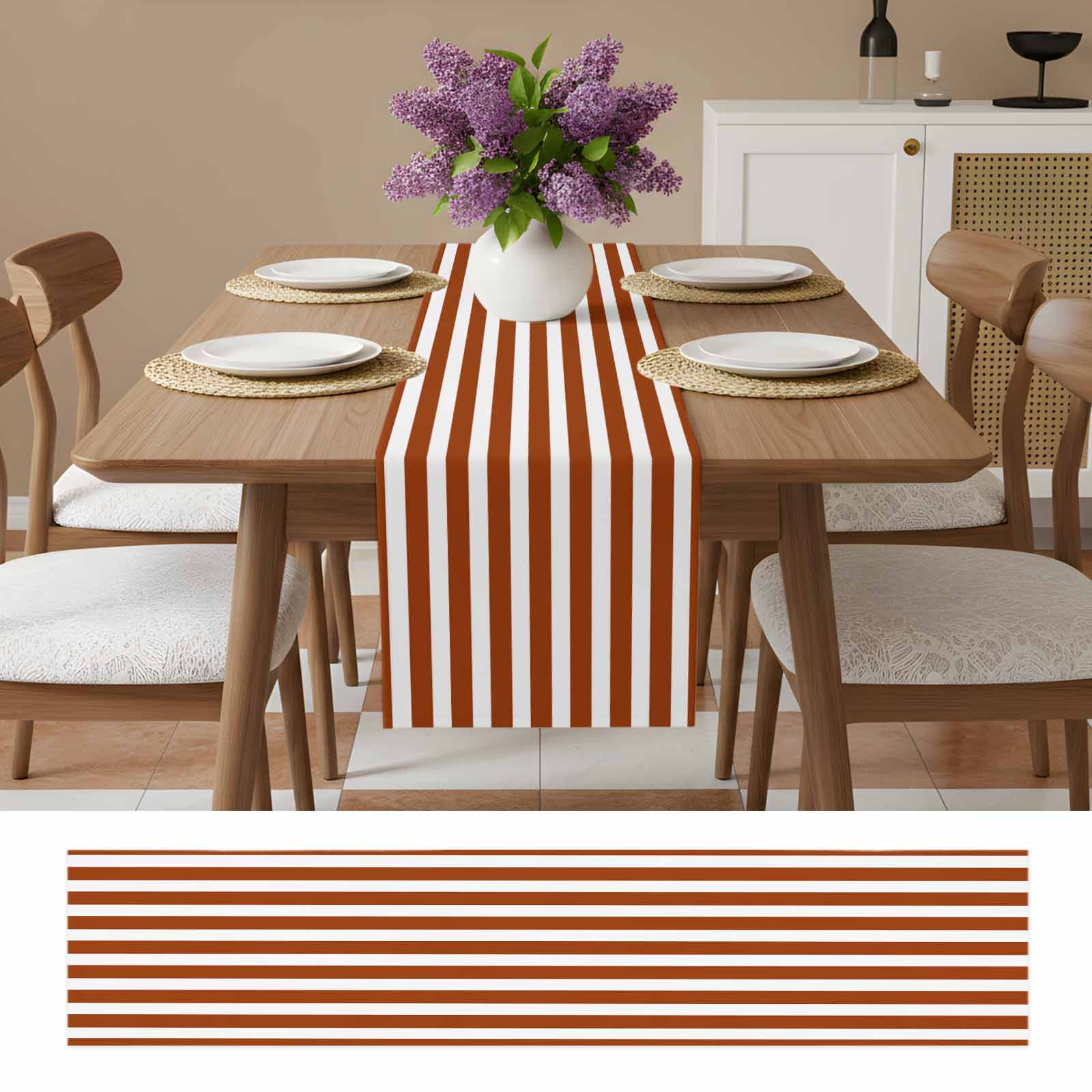 Burnt Orange Stripe Table Runner, Farmhouse Striped Abstract Art Washable Cotton Linen Table Runners 60 Inches Long, Dresser Scarf Runner for Coffee/TV Stands/Kitchen/Cabinets 13''x60''