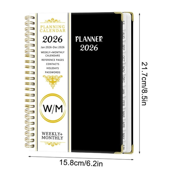 2026 Planner-Weekly and Monthly Planning Book From Jan.2026-Dec.2026,Hard Cover Calendar Planner with Monthly Tabs,Inner Pocket,Double Coil Binding, for School Office Home, Black