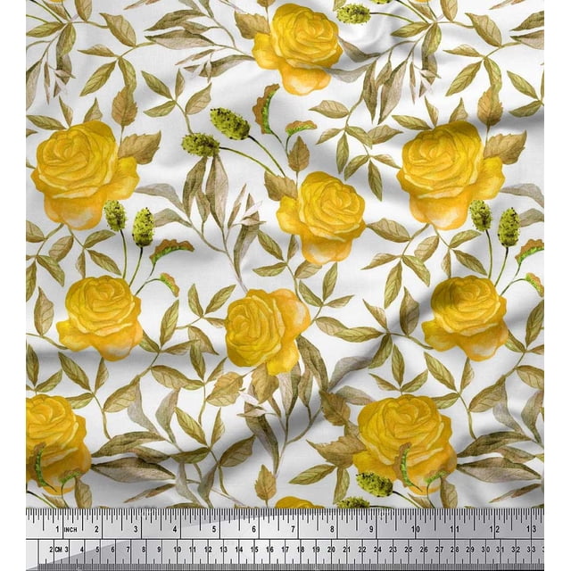Soimoi Tissu en Viscose Chiffon Imprimé Feuilles & Roses au Mètre 42 Pouces de Large