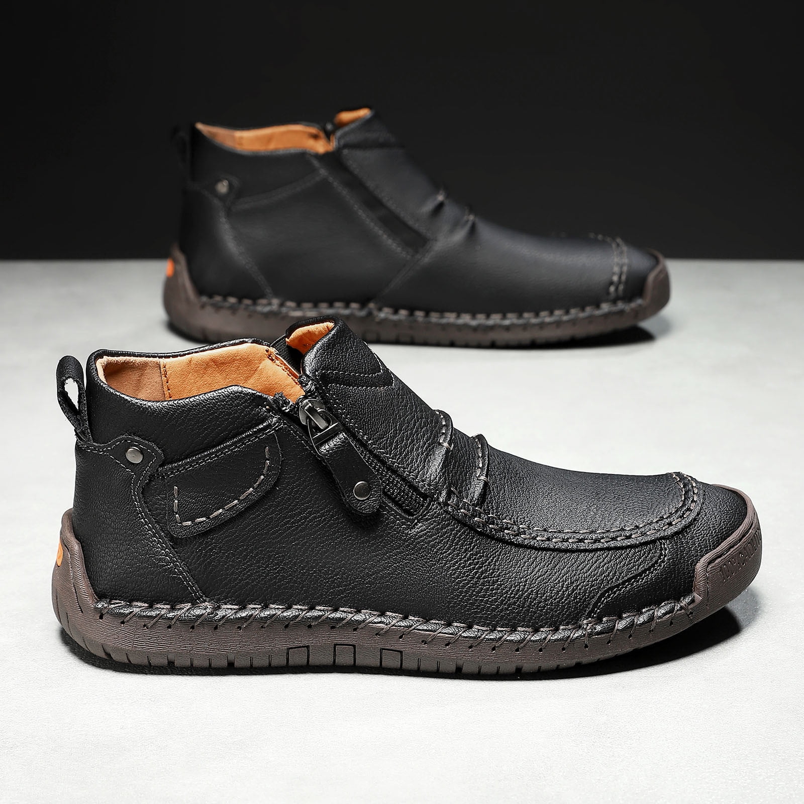 Menâs -On Orthopedic Leather Boots,Menâs Handmade Leather -On Driving Boots,Men Side Zipper Orthopedic Shoes for Driving Hiking