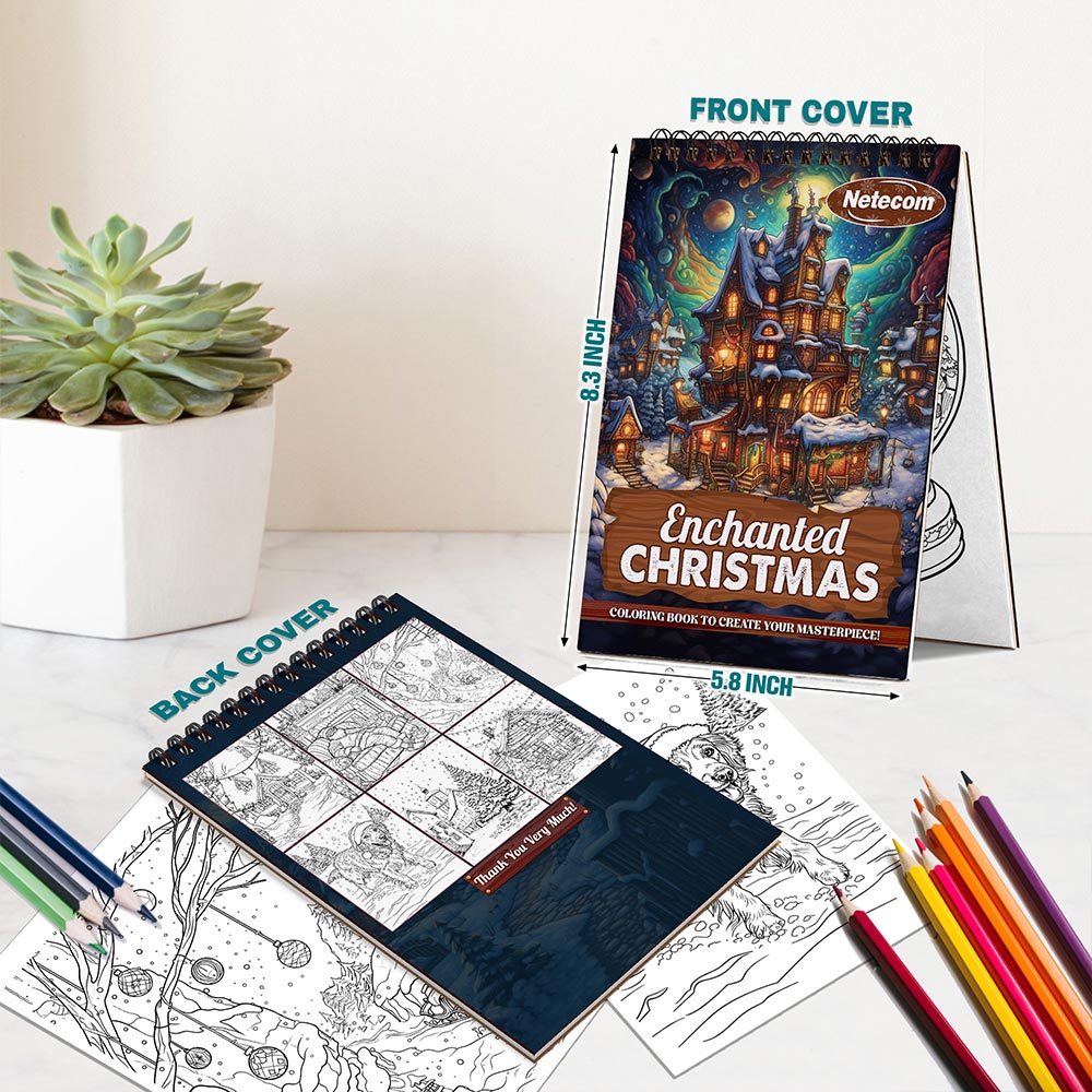 Netecom Enchanted Christmas Coloring Book Spiral Bound for Adults, A5 Wooden Cover, 30 Magical Coloring Pages of Winter Land Scenes for Stress Relief and Relaxation