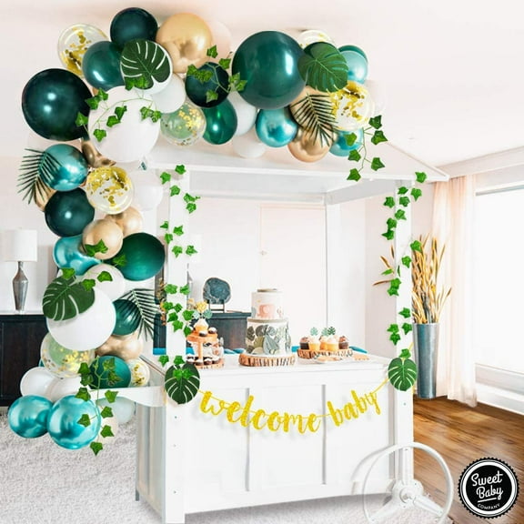 Sweet Baby Co. Jungle Safari Baby Shower Decorations Green Balloon Garland Arch Kit, Tropical Sage Dinosaur Sloth Animal Party Theme Leaves Ivy Decor, Two Wild Birthday for Boy Girl Box Backdrop…
