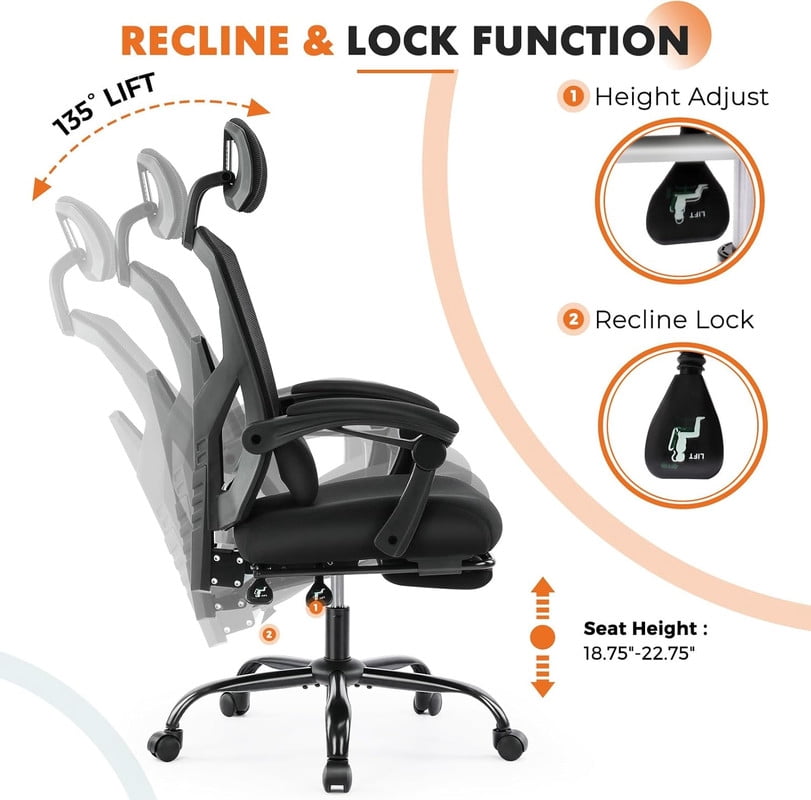 Beddle Desk Chair with Lumbar Support, High-Back Ergonomic Mesh Swivel Rolling Desk Chair for Home Office or Study, Black
