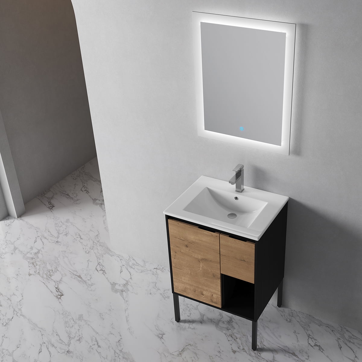 Kepooman 24" Modern Bathroom Freestanding Vanity & Sink Combo, Wall Mounted Cabinet Set with Basin Sink, Oak