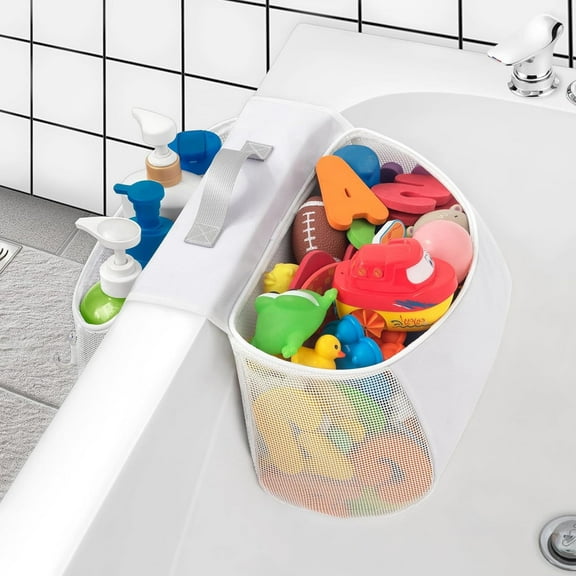 Saddle shape 2 Compartments Bath Toy Organizer, Easy Access for Children, Wide Opening Bath Toy Holder for Drying Toys and Storage, Mesh Shower Toy Holder and Bath Tub Toy Storage Organizer for Tub.