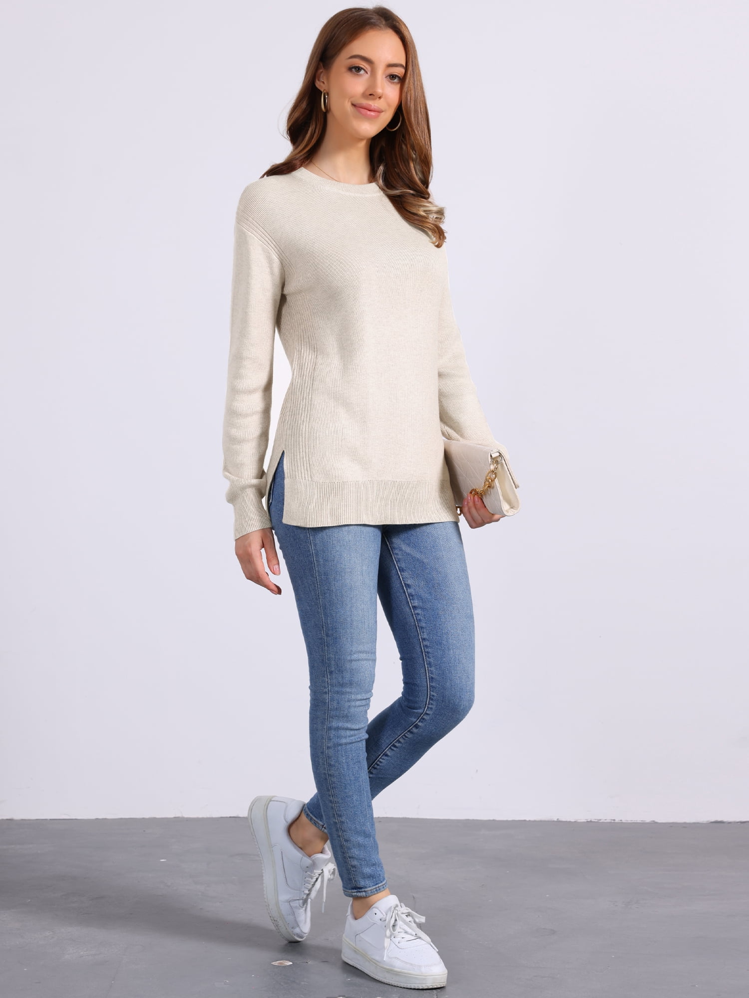 DARING DIVA Women's Pullover Long Sleeve Crew Neck Knit Sweater Tops XL Apricot