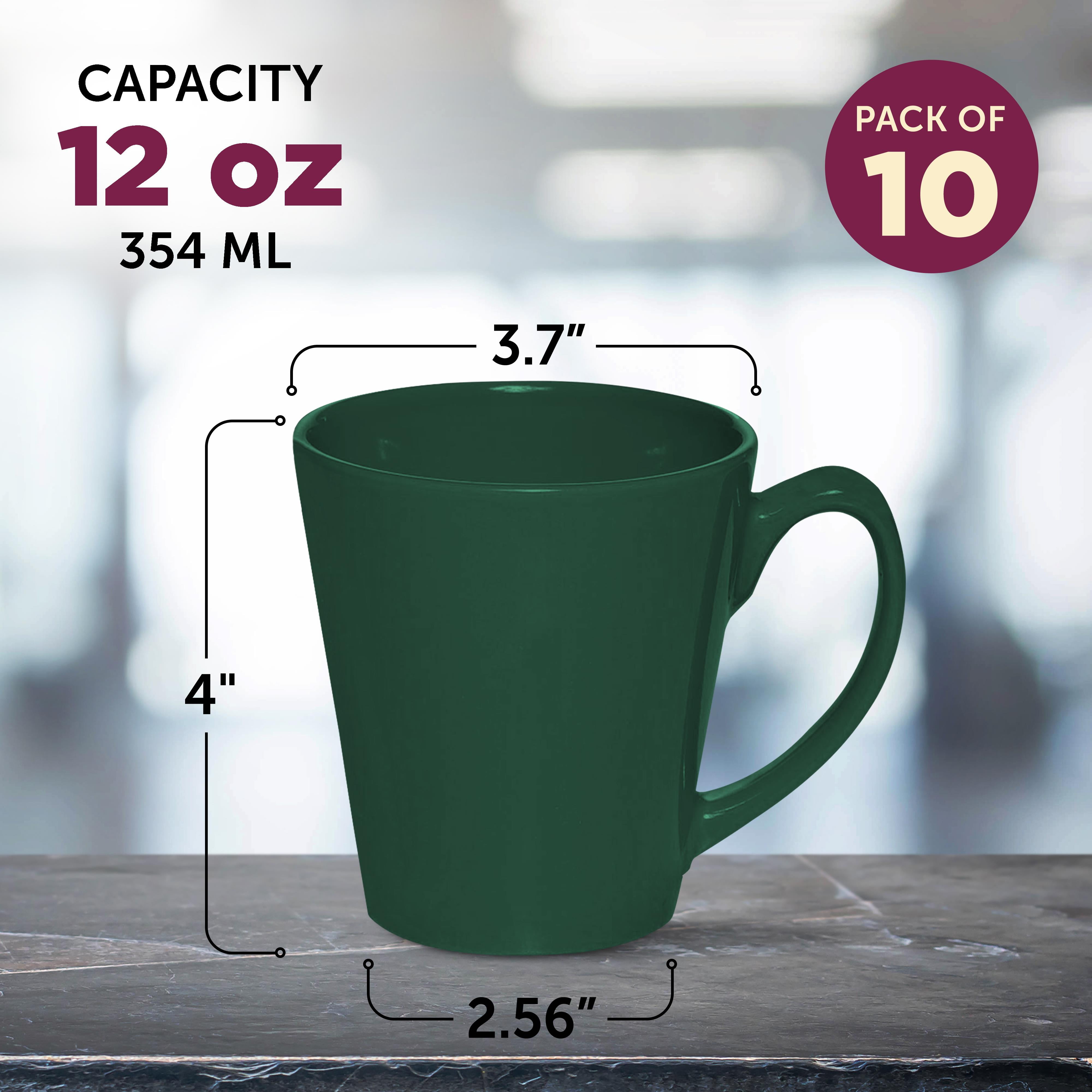 Glossy Ceramic Latte Coffee Mug 12 oz. Set of 10, Bulk Pack - Perfect for Tea, Espresso, Cappuccino, Hot Cocoa - Green