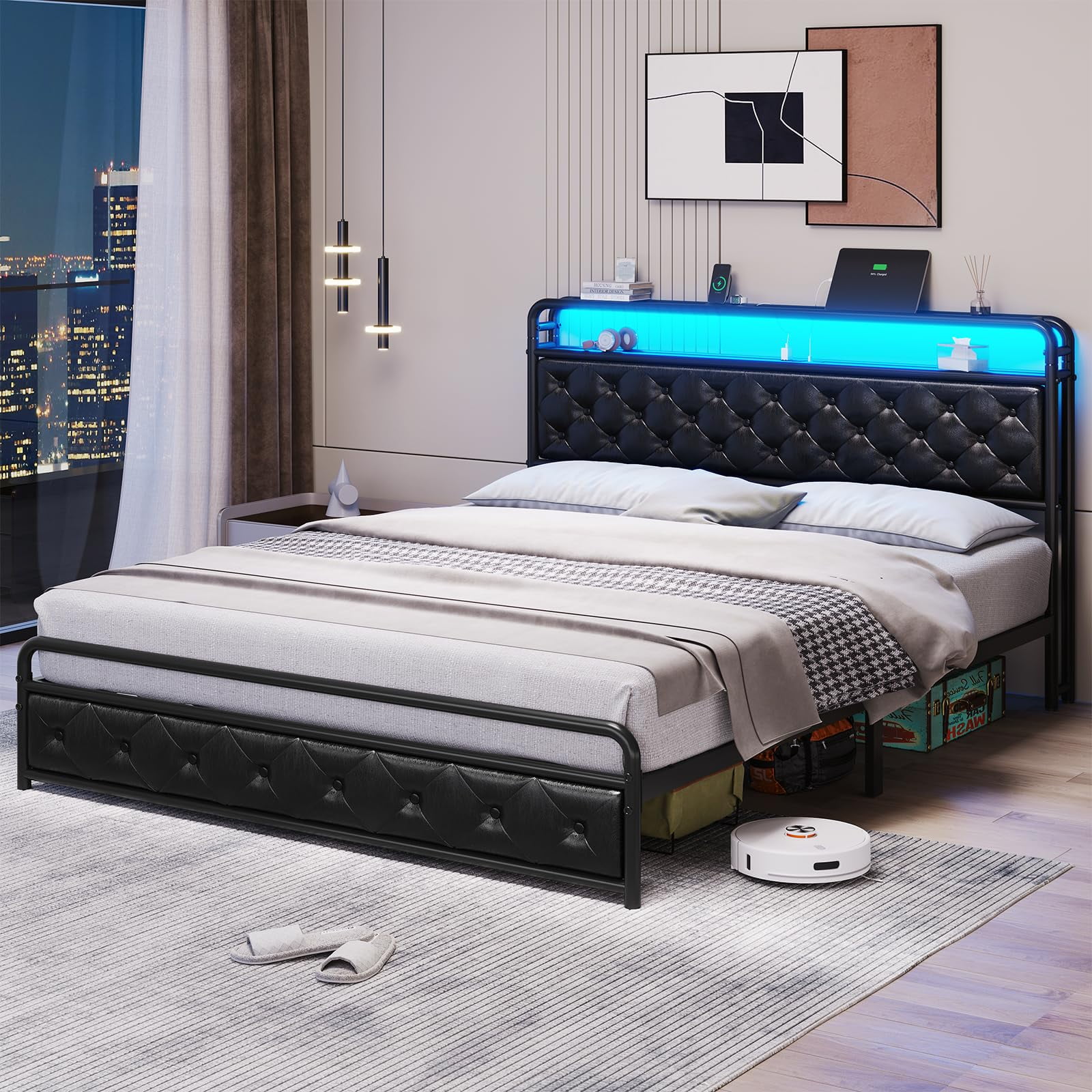 DICTAC Upholstered Platform Bed Frame with LED Light Headboard, Faux