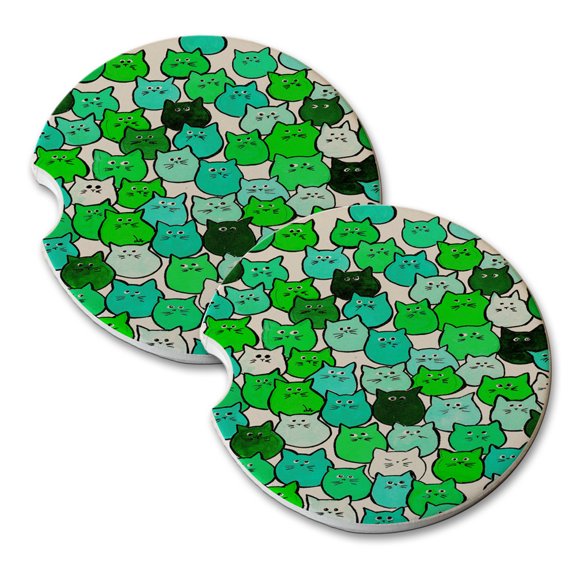 KuzmarK Sandstone Car Drink Coaster (set of 2) - Very Green Tiny Chubby Kitties Art by Denise Every