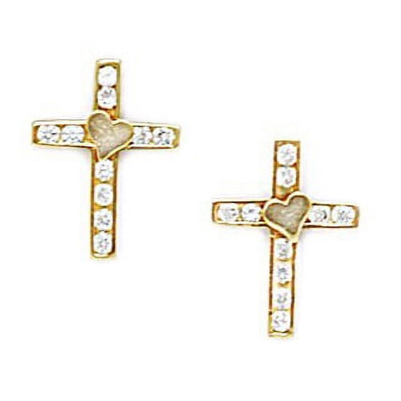 14k Yellow Gold Cubic Zirconia Medium Cross With Heart Screw-Back Earrings - Measures 14x10mm