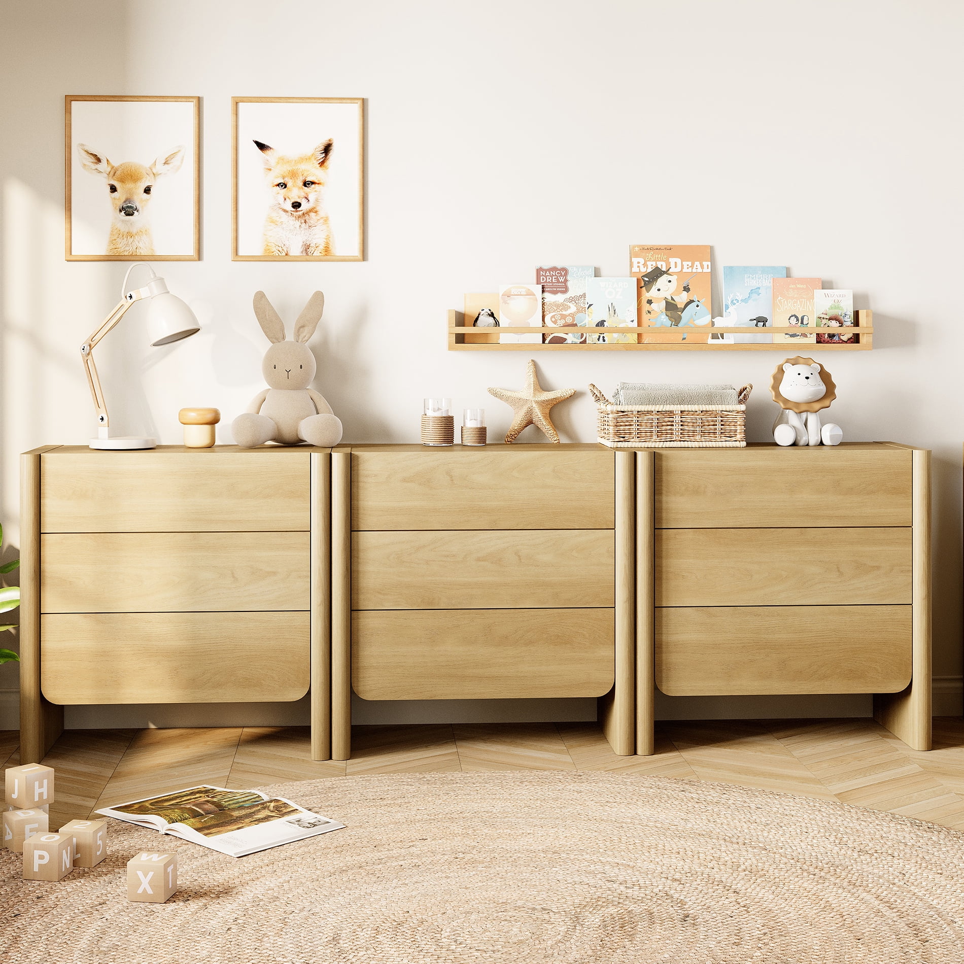 Modern French TV Stand, 94.5-Inch 3-Piece Media Console with 9 Push-to-Open Drawers, Supports TVs up to 105 Inches, Oak