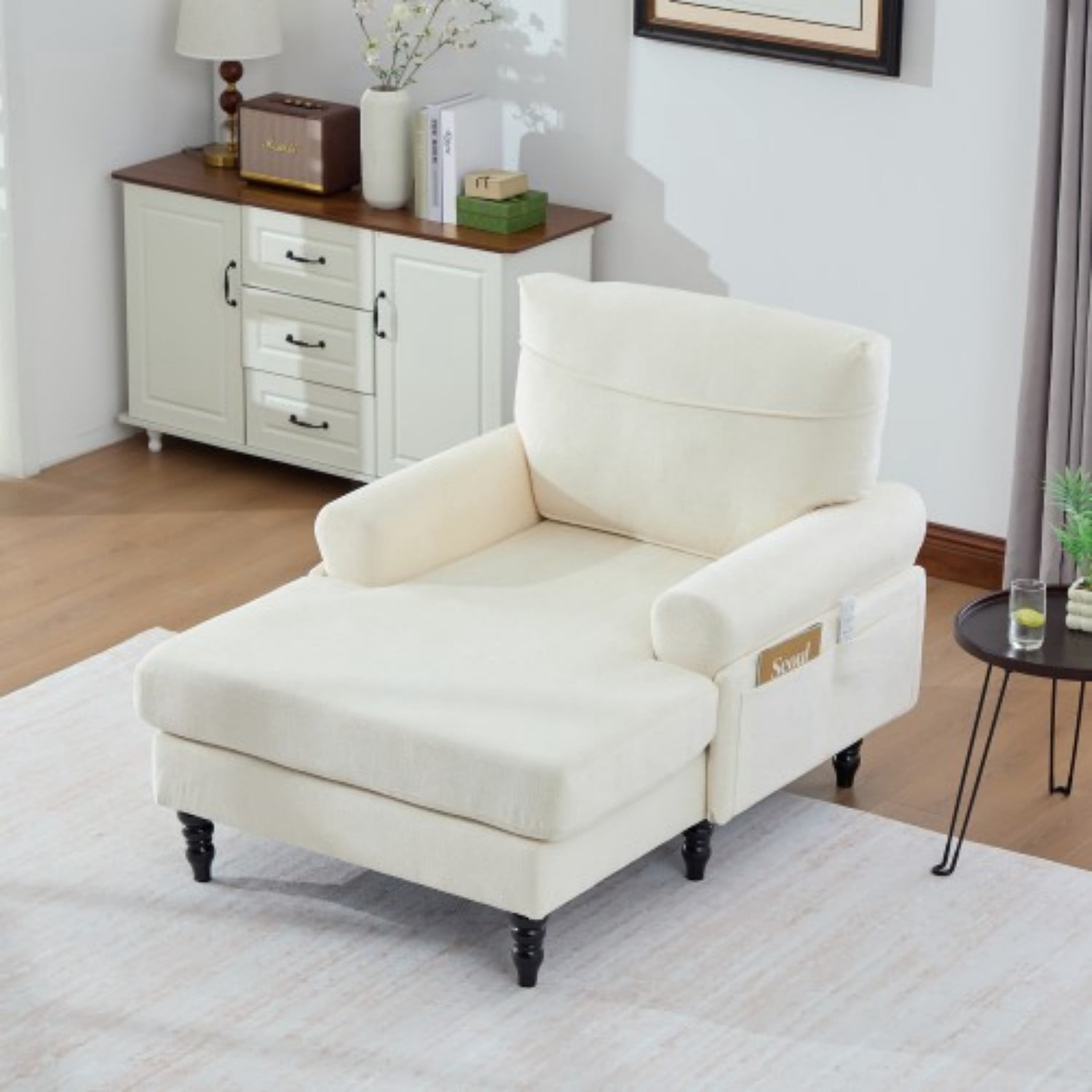 Chenille Chaise Lounge Chair, Oversized Upholstered Recliner Sofa with Wide Seat, High Density Foam Backrest, Solid Wood Legs & Side Pockets for Living Room, Bedroom, Office, Beige