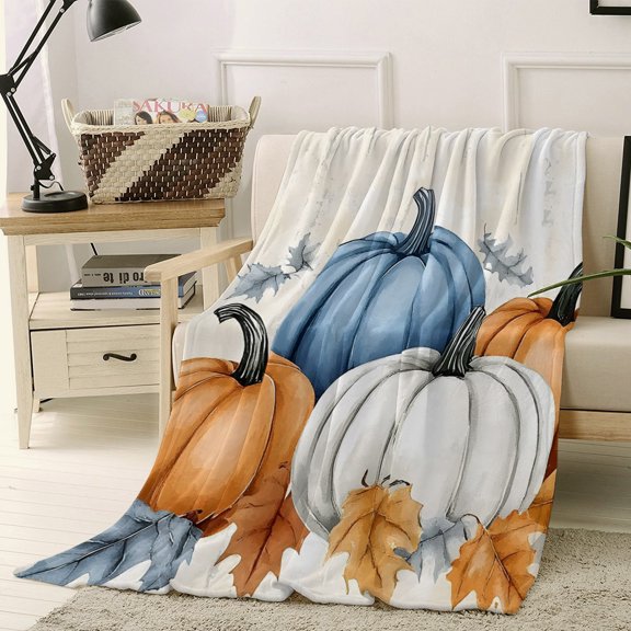 Throw Blanket Fleece Throw Blanket 30x40in, Blue Pumpkin Autumn Thanksgiving Soft Lightweight Bed Blankets Fall Leaves Fuzzy Couch Blankets for All Season
