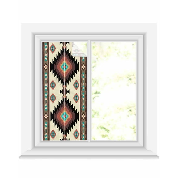 Window Privacy Film, Brown Beige Boho Southwestern Sun Blocking Window Tint Film Heat Control One Way Blackout Window Film, Vintage Ethnic Tribe Geometric Texture Non Adhesive Static Cling 17.7x39.3