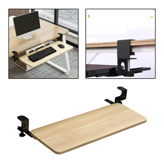 Large Keyboard Tray under Computer Table Clamp Mount Pull Out Platform Ergonomic adjustable Comfortable Stand Bracket for Laptop Wood Color