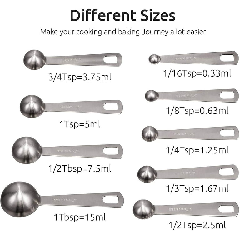 Measuring Spoons: NOGIS 18/8 Stainless Steel Measuring Spoons Set of 9  Piece: 1/16 tsp, 1/8 tsp, 1/4 tsp, 1/3 tsp, 1/2 tsp, 3/4 tsp, 1 tsp, 1/2  tbsp & 1 tbsp Dry and Liquid Ingredients 