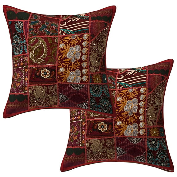 Stylo Culture Indian Settee Sofa Throw Pillow Covers 16 x 16 Vintage Patchwork Maroon Bohemian 40cm x 40cm Home Decor Cotton Floral Square Cushion Covers | Set Of 2