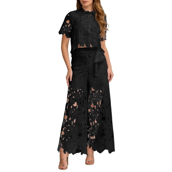 Summer Solid Color Short Sleeve Turn Down Collar Lapel Hollow Out Lace Vest and Wide Leg Pants Two Piece Outfit for Women Black L