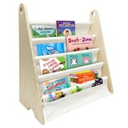 Olizee Kids Bookshelf, Kids Book Rack with Canvas Sling Sleeves, 4 Tier Nursery Book Shelves for Children, Toddlers, Kids, Natural/White