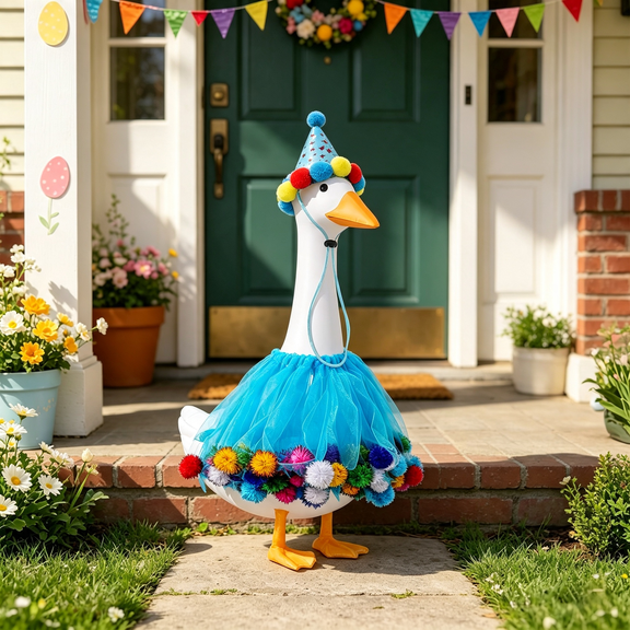Porch Goose Birthday Outfit Birthday Goose Outfit With Hat Collar For 23" 17" Goose Statue Porch Decor Outdoor Garden Party Decoration Front Yard Seasonal Display