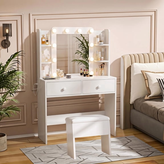 Haewon 33" White Vanity Desk with Mirror and Lights and Power Outlet, Makeup Vanity with Large Desktop & Drawers, Vanity Set with Stool for Bedroom