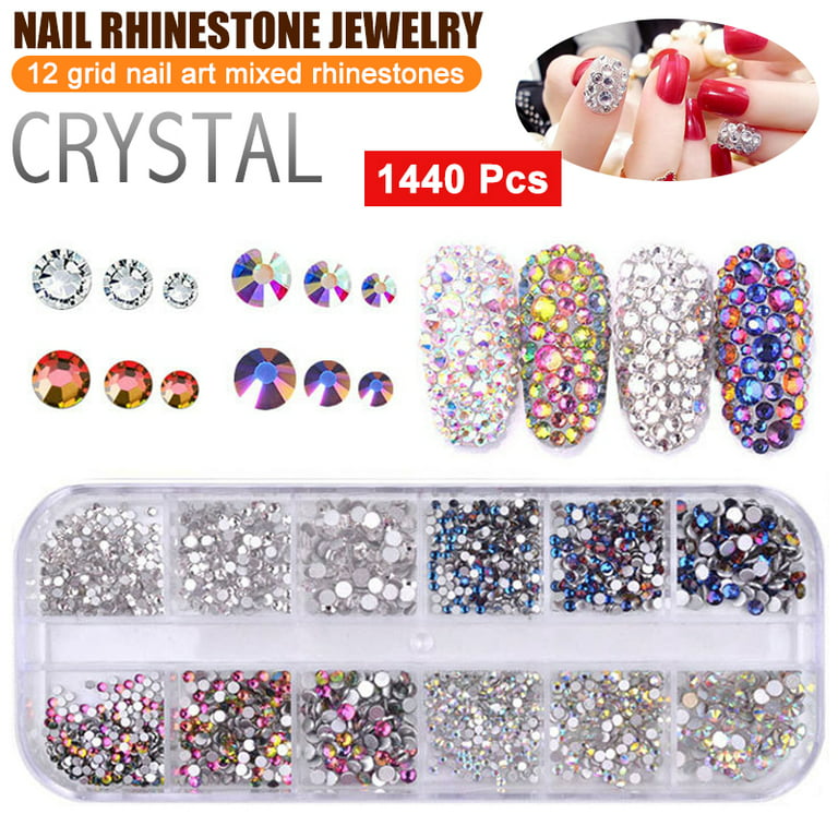 Crystal AB Nail Rhinestones qiipii 2630Pcs AB Flatback Rhinestones Nail Art  Gems Round Beads K9 Glass Stones Diamonds Jewels Multi Shapes Nail Charms