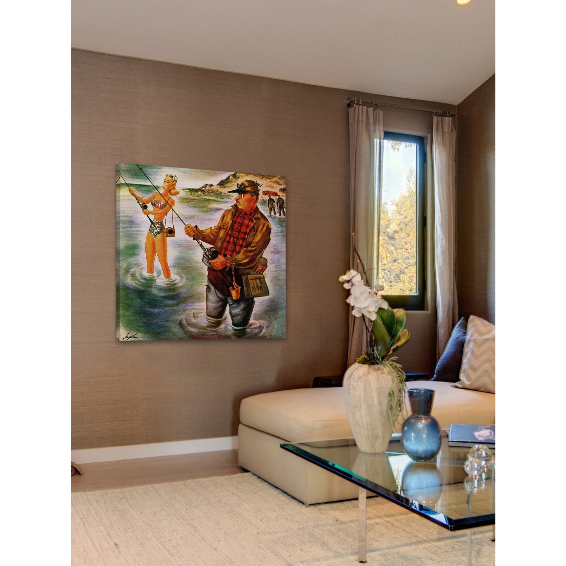 "Bikini Fishing" Painting Print on Wrapped Canvas