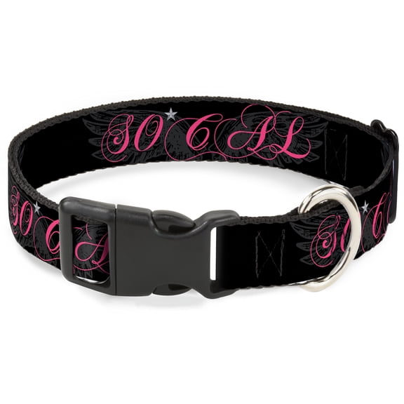 Buckle-Down Pet Collar, Dog Collar Plastic Buckle, So Cal Script Wings Black Gray Pink, 7 to 8.5 Inches 0.5 Inch Wide