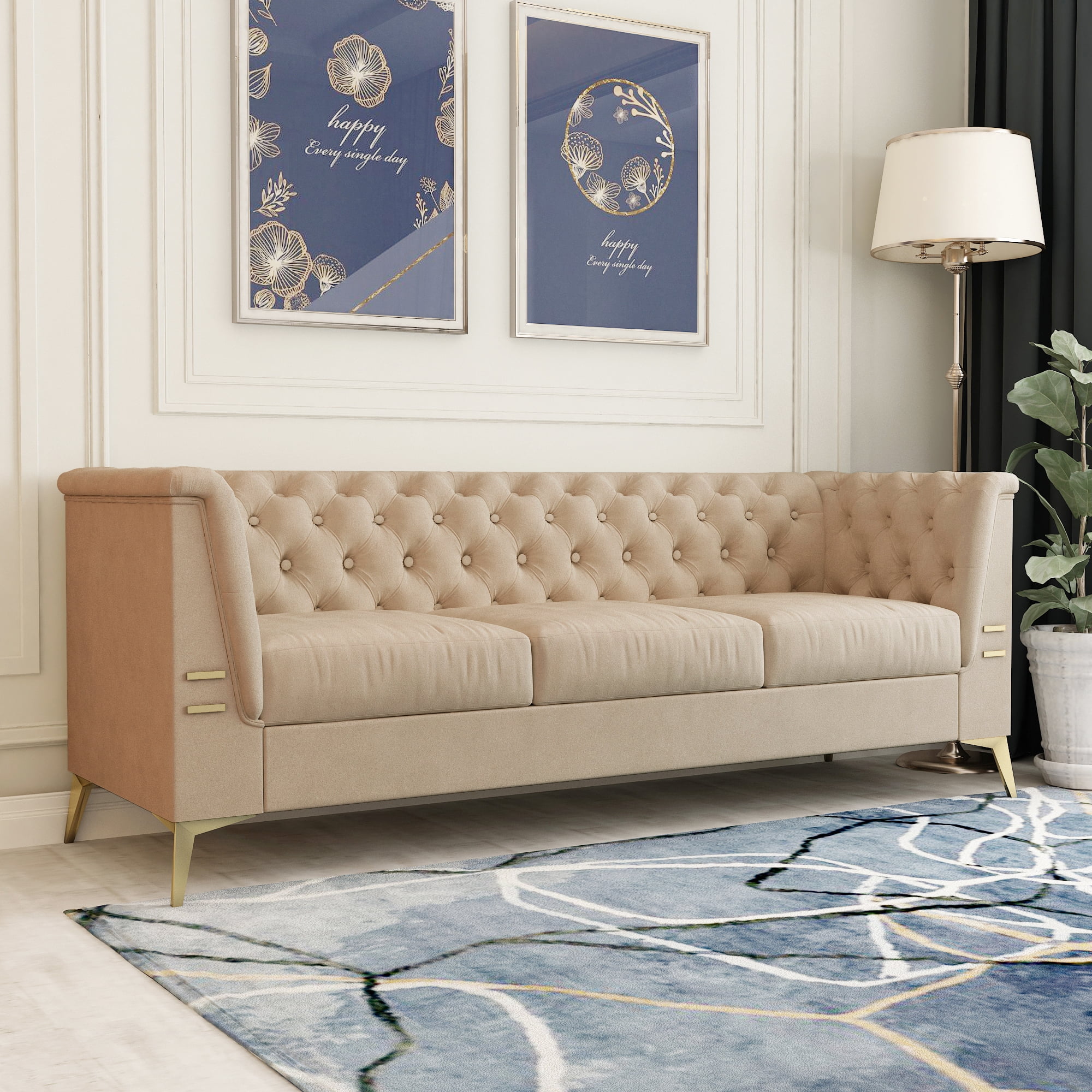 Private Jungle 3-Seater Velvet Sofa Couch with Square Armrest,Tufted Back Seat Cushion,Golden Metal Legs, Modern Upholstered Futon Sleeper Sofa,khaki Private Jungle 3-Seater Velvet Sofa Couch with Square Armrest,Tufted Back Seat Cushion,Golden Metal Legs, Modern Upholstered Futon Sleeper Sofa,khaki