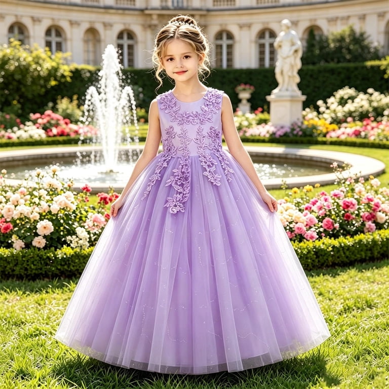 MEZZALL Girls Long Party Dress Classic Round Neck Sleeveless Design Floral Embroidery Layered Glitter Tulle Birthday Dresses
