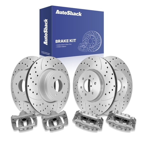 AutoShack Front Vented & Rear Vented Drilled & Slotted Silver Zinc Coated Brake Rotors   Calipers 8-PC Brake Kit Replacement for 2012-2016 Ford F-150 2018-2020 Ford F-150 SilverShield Pro
