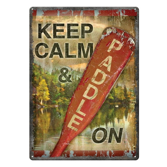 Rivers Edge Products Retro Metal Tin Sign, 17" x 12" Weatherproof Metal Wall Art for Indoor or Outdoor Decor, Vintage Man Cave, Bar, Cabin, Garage, or Home Decor, Keep Calm Paddle On