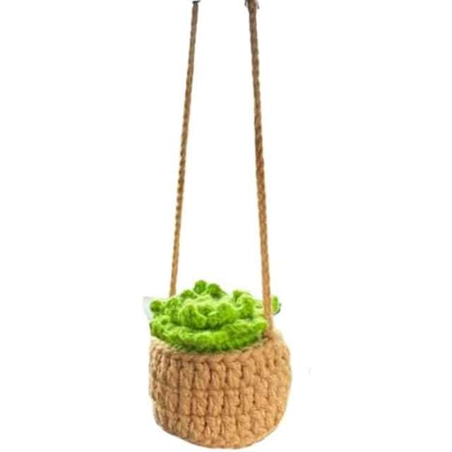 HAHDAXIA Boho Car Plant Crochet Hanging Basket - Cute Potted Plants Crochet Car Mirror Hanging Accessories - Handmade Knitted Rear View Mirror Accessories - Crochet Hanging Plant for Car (D)