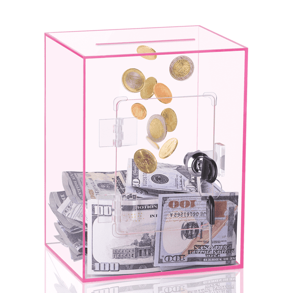 Hizgo Transparent Pink Acrylic Saving Pot for Adults, Large and Sturdy Money Saving Jar for Cash Coin with Key Change Jar, Saving Box for New Year, Valentine's Day, Birthday Gift