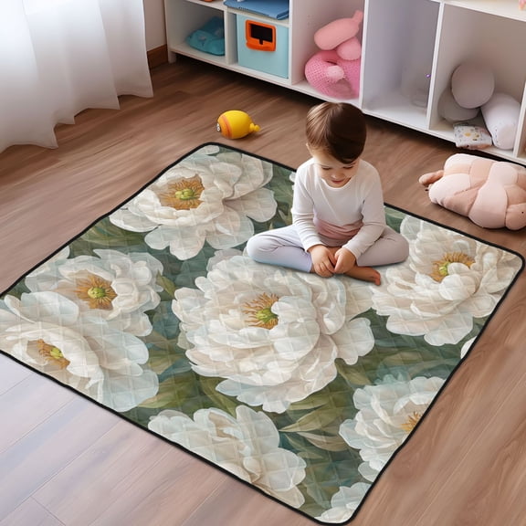 WOBOGO Cartoon White Peony Baby Playmats Extra Large Waterproof Rollable Activity Pads for Toddlers 50×50inch