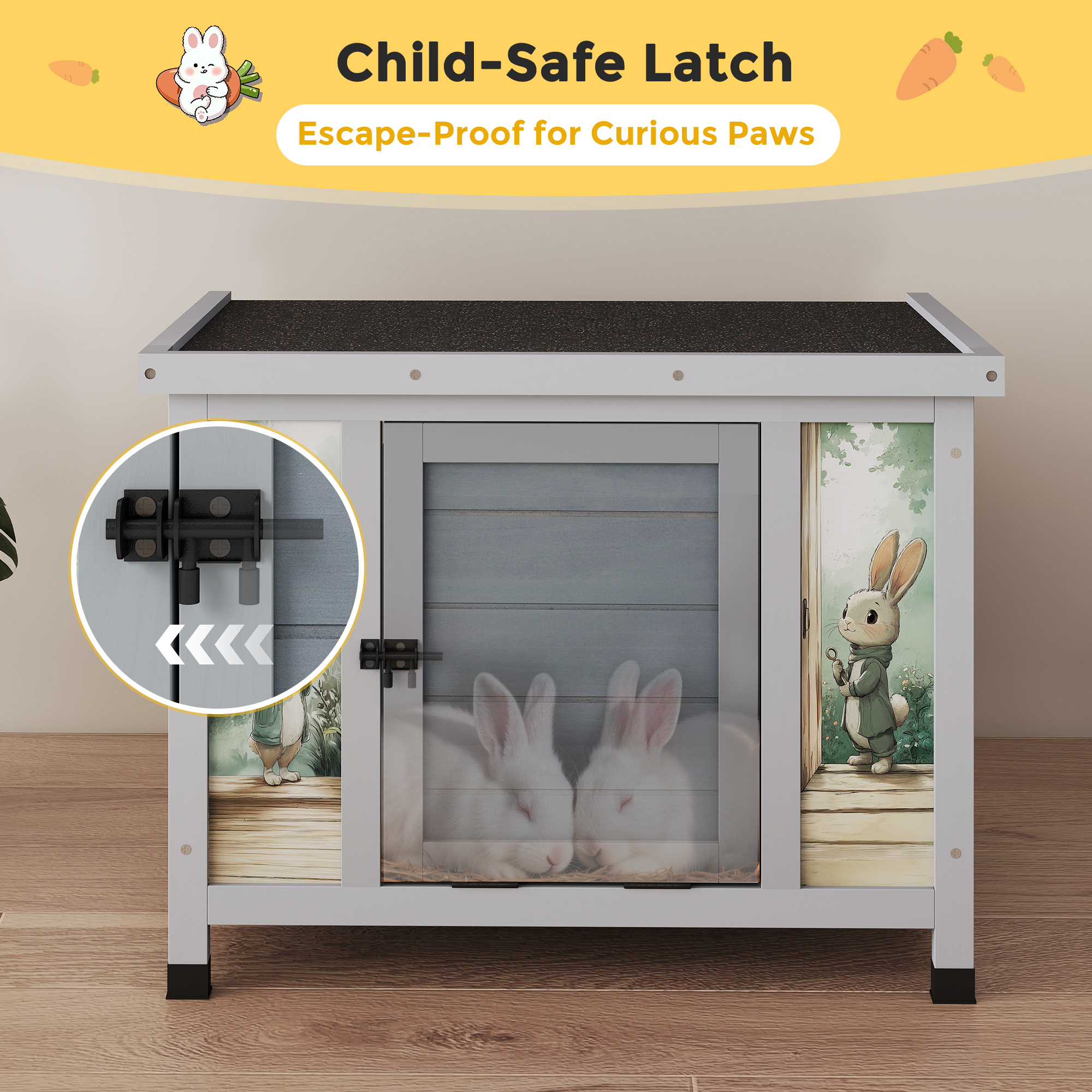 24'' Small Rabbit Hutch Outdoor, Bunny Cage for Small Animal with Weatherproof & Openable Top, Wooden Cat House for Indoor & Outdoor Use (Grey)