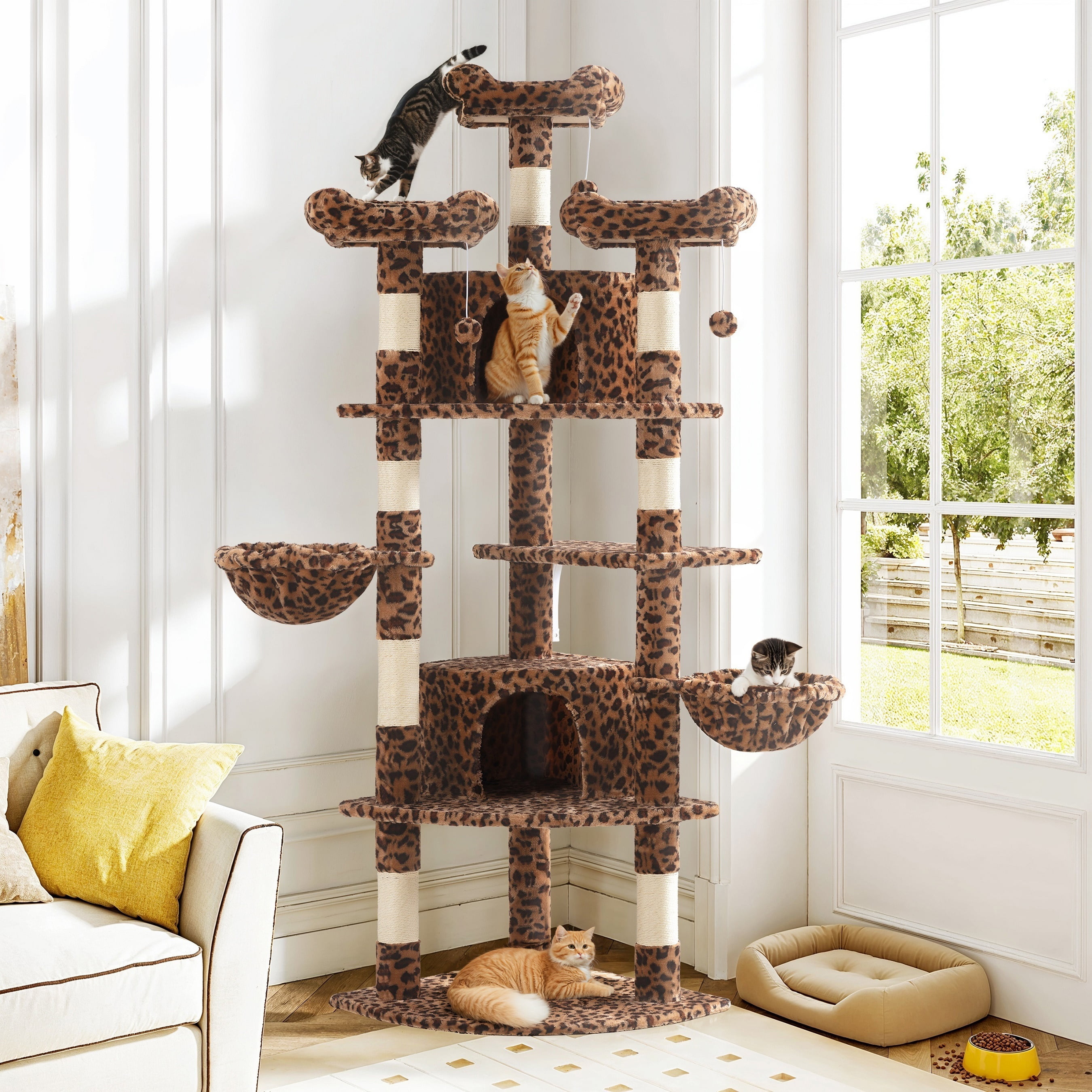 Amolife 73.6" Extra Large Corner Cat Tree, Fan-Shaped Tower with Scratching Posts & Condo House for Indoor Cats, Leopard Print