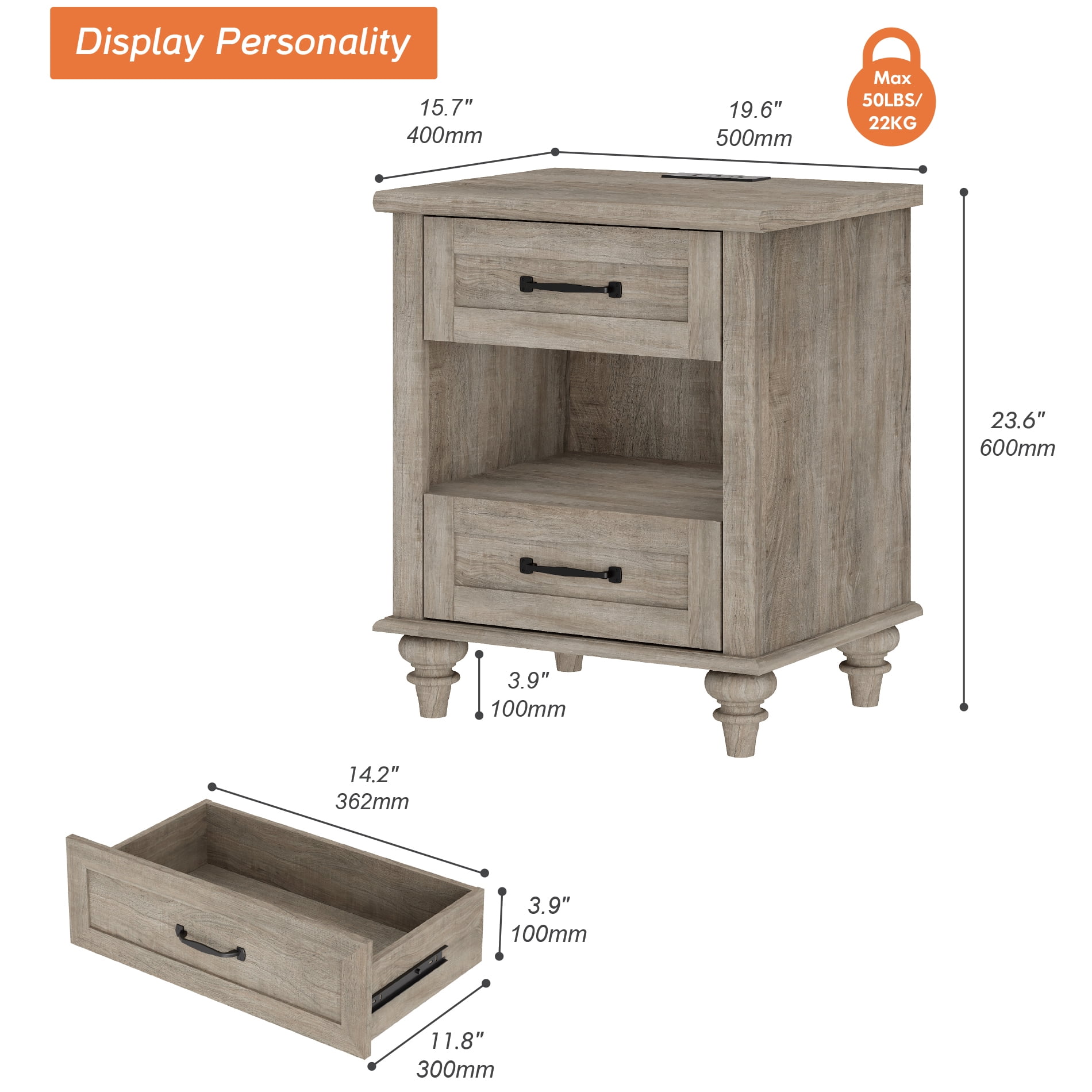 Side Table with 2 Drawers & Open Shelf, Farmhouse End Table with Charging Station, Wooden Nightstand for Bedroom & Living Room, Grey