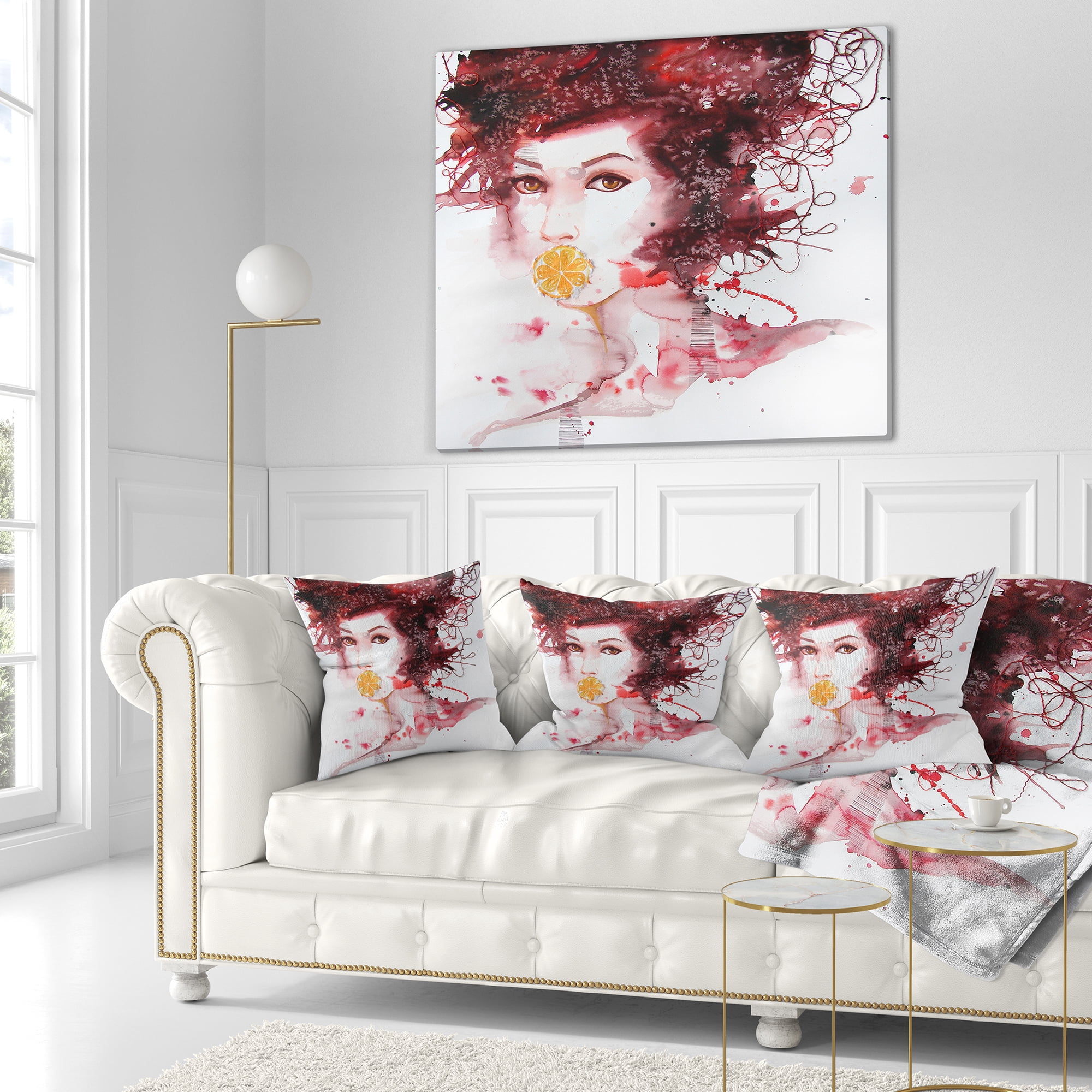 Designart Illustrated Girl with Red Hair - Abstract Portrait Throw Pillow - 18x18