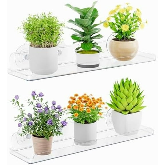 Window Plant Floating Shelves 15 x 4 inch, 2 Pack Acrylic Suction Cup Shelf, Window Sill Extender for Indoor Succulent Plants, Micro Greens, Seed Starter Pots, Herb Planters