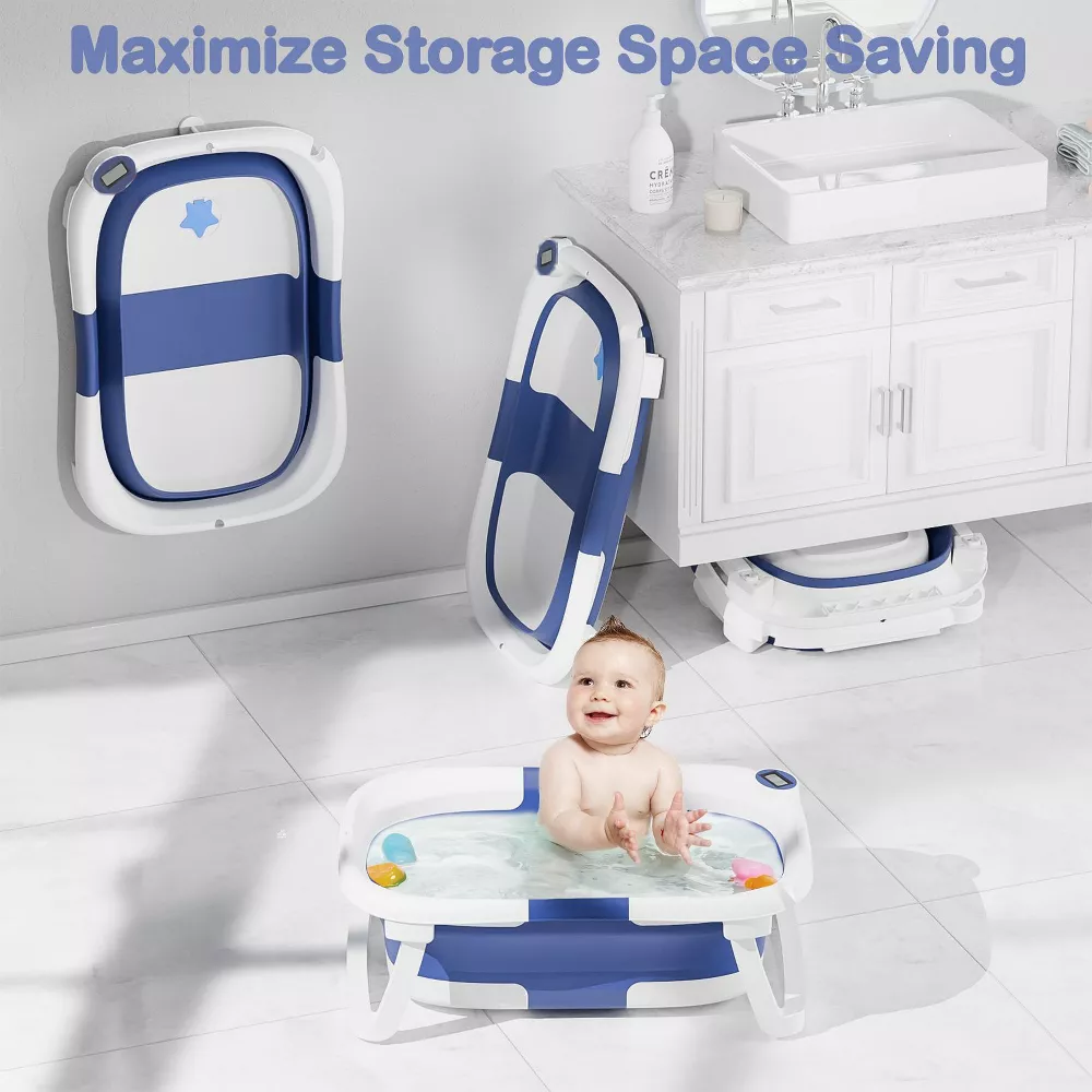 Tumajup Foldable Baby ‎Bathtub PP+TPE with Soft Bath Net&Thermometer for 0-36 Months Toddler Blue