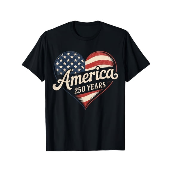 Retro America 250 Years Patriotic Heart USA Flag Graphic T-Shirt - Vintage Stars and Stripes Men Women Unisex Tee - 1776-2026 Semiquincentennial Celebration Apparel