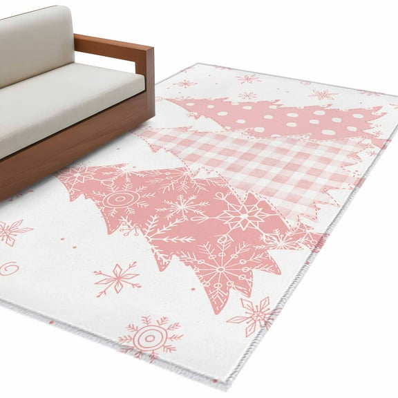 Pink Christmas Area Rug 3x5 FT, Non Slip Entryway Bedside Carpet, Pink Plaid Xmas Tree Snowflake Winter Washable Soft Floor Carpet Indoor Mat Non-Shedding Throw Rug for Dorm Kitchen Home Office
