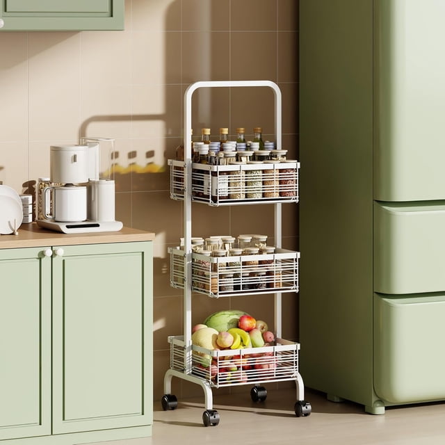 Carrito Organizador con Ruedas, 3 Niveles Metálico Carrito de Almacenamiento, Asa, Carrito de Cocina, Muebles para Cocina Organizador, Organización Hogar, Color Café Rústico y Blanco
