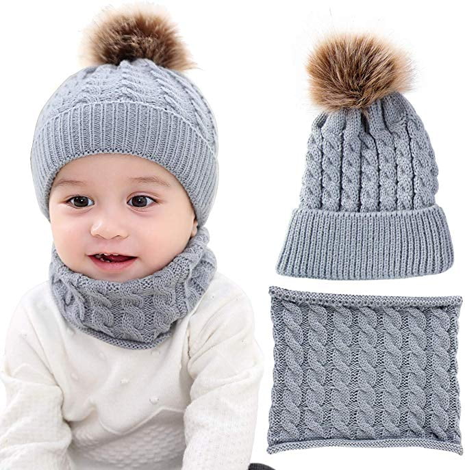 2PCS Fall Winter Warm Baby Girl Boy Toddler Kids Soft Beanie Hat Cap+Snood Scarf