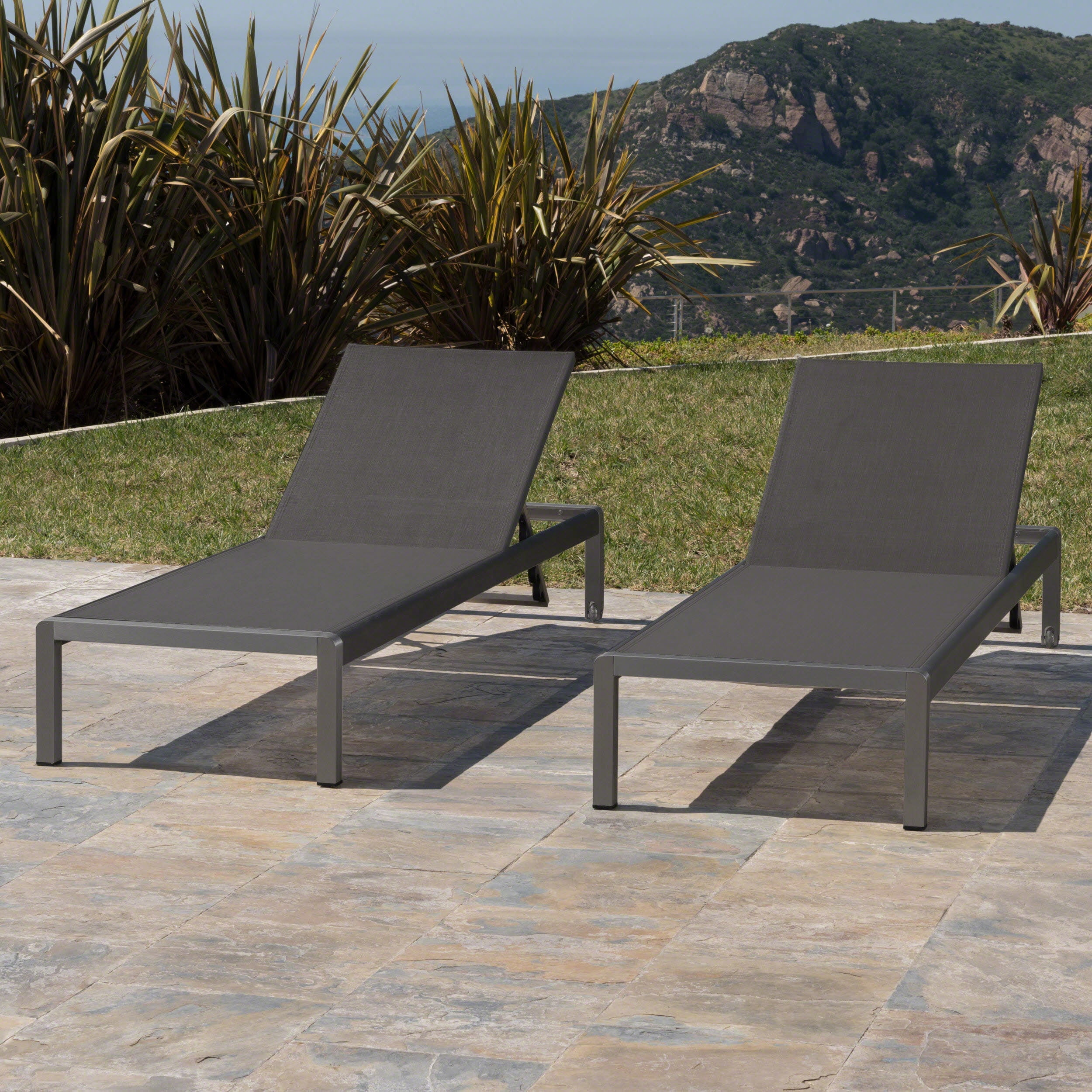 Outdoor Aluminum Mesh Chaise Lounge Set of 2, Lightweight Poolside Recliners for Patio Garden, Gray