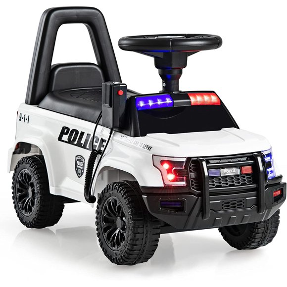 OLAKIDS Ride On Push Police Car, Toddler Foot-to-Floor Sliding Toy with Siren, Steering Wheel, Megaphone, Horn, Headlights, Under Seat Storage, Kids Racer Walking Gift for Boys Girls 3+ (White)