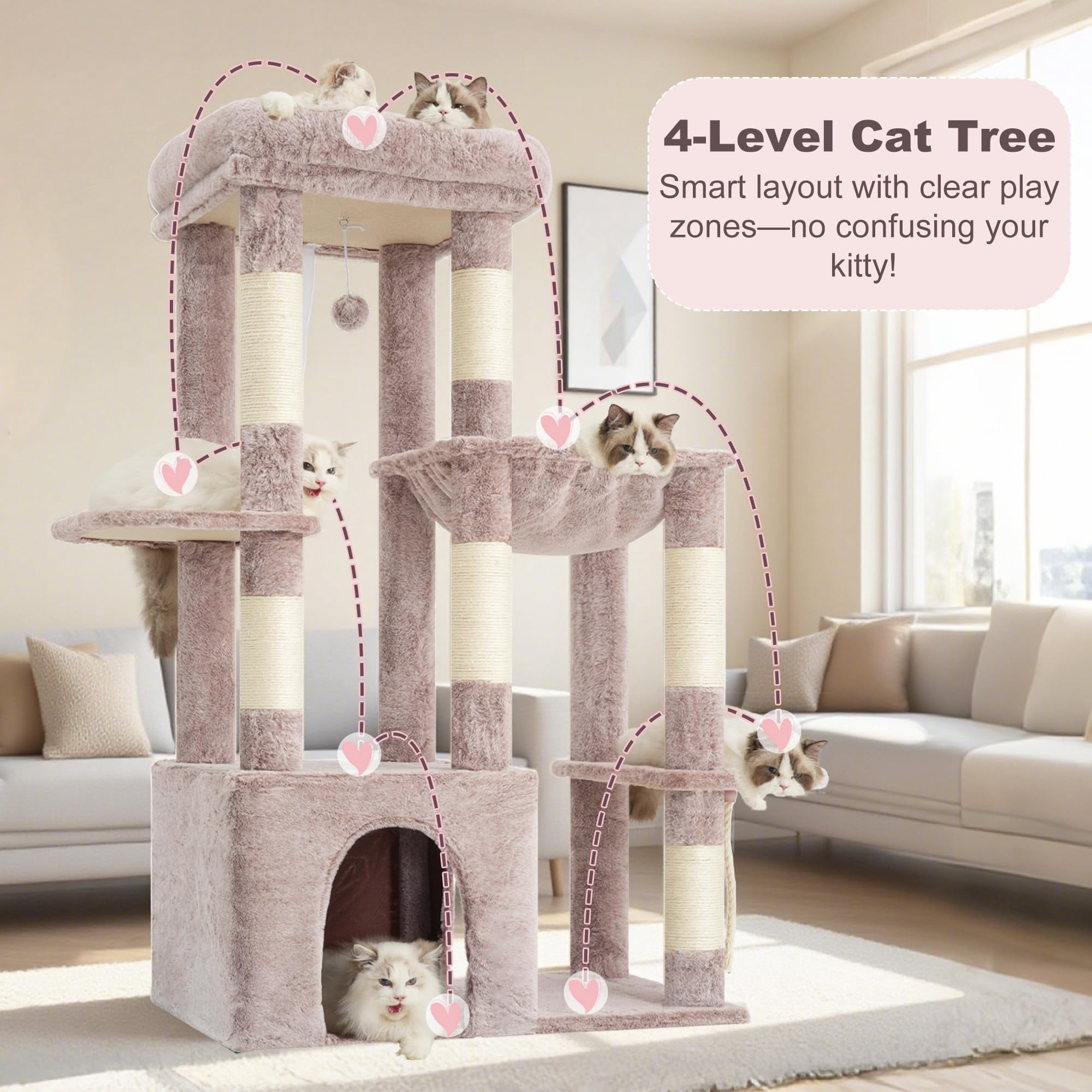 Heavy Duty Cat Tree  Tower For Indoor Cats Large Adult Tall Condo House With Extra-large Baseboard Multi-level Plush Furniture Posts Hammock Balls Muchroom Hct026mu