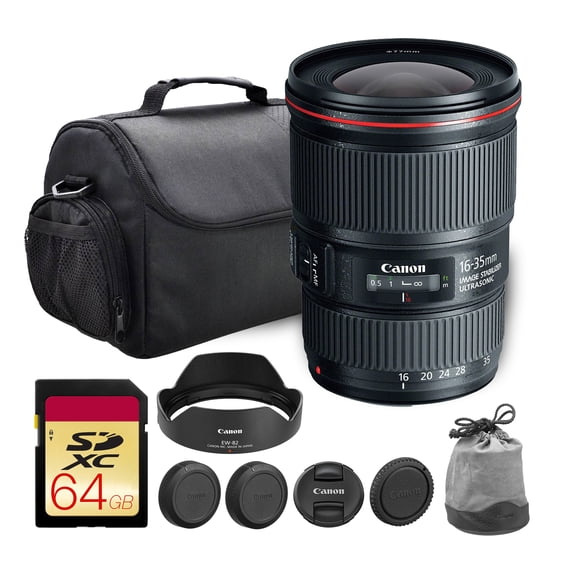 Canon EF 16-35mm f/4L IS USM Lens | L-Series Ultra-Wide Angle Zoom with Image Stabilization & Fast Autofocus | Perfect for Landscapes & Travel Photography (9518B002)   Shoulder Bag   64GB Card
