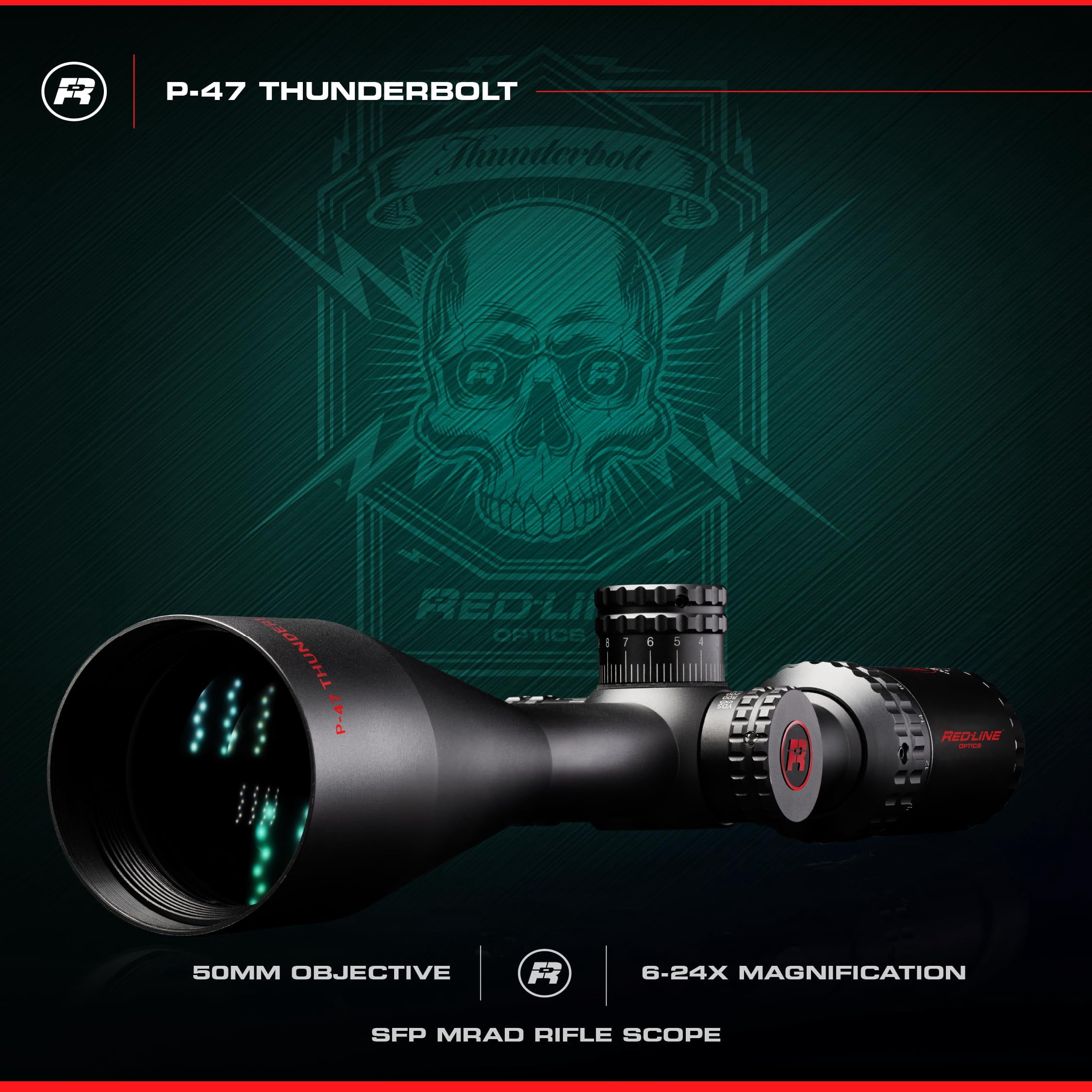 Red-Line Optics P-47 Thunderbolt II 6-24x50, SFP, MRAD, 1" monotube, Hunting, Long-Range Precision, Competition Scope .22LR, tested up to a 30-06 Designed in USA Based in WA (Black Red)